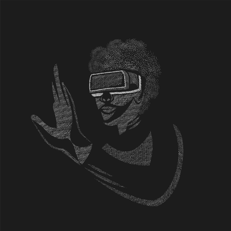 Vector humano hecho de puntos de partículas con el uso de vr box contra fondo negro