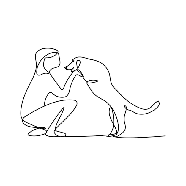 Humano y perro interactuando en un estilo de arte de línea continua