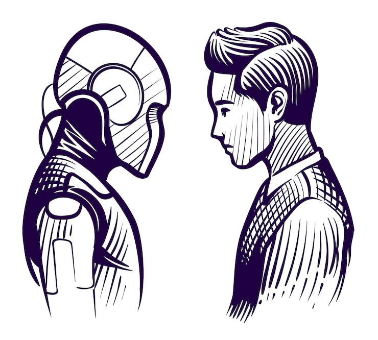 Vector humano vs robot. conflicto de inteligencia artificial y mente humana. concepto de vector de boceto de reemplazo de empleado