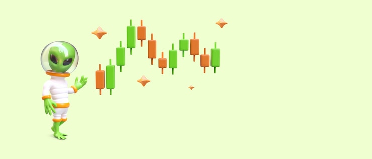 Vector el humanoide verde muestra un gráfico con velas japonesas.