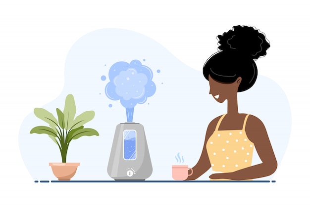 Humidificador de aire ultrasónico con plantas de interior. la mujer afroamericana disfruta del aire fresco y húmedo en casa. electrodomésticos para un estilo de vida saludable. ilustración moderna en estilo de dibujos animados plana.