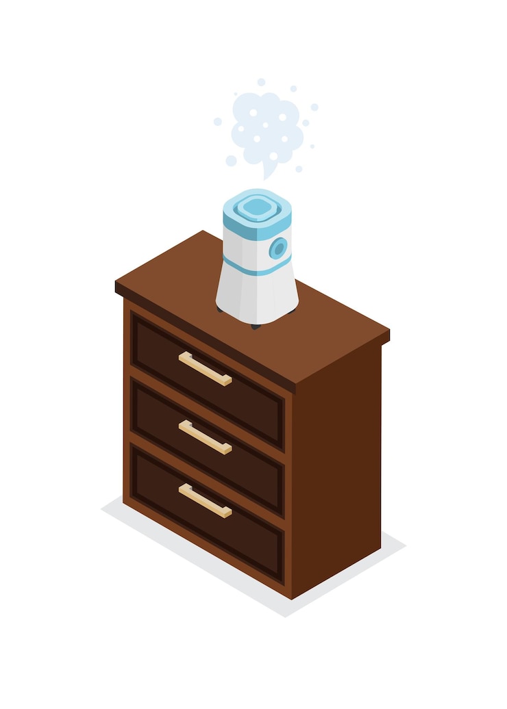 Vector humidificador en una mesita de noche estilo isométrico ilustración de stock