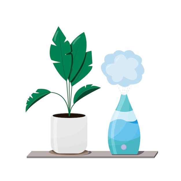 Humidificador y plantas Equipos para hogar u oficina. Purificador de aire en la ilustración interior con planta de la casa. Dispositivo de limpieza y humidificación del aire para la casa.