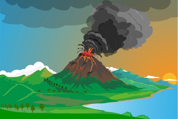 Vector humo y lava de la erupción del volcán