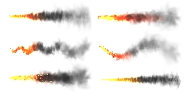 Vector humo negro realista con fuego rastros de lanzamiento de cohetes espaciales estallido de fuego explosión de misil o bala