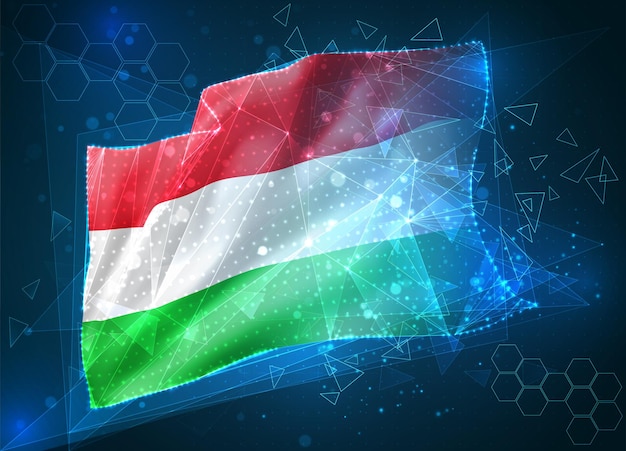 Hungría, bandera de vector, objeto virtual abstracto 3D de polígonos triangulares sobre un fondo azul