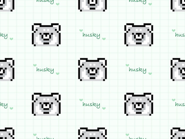 Husky personaje de dibujos animados de patrones sin fisuras sobre fondo verde estilo Pixel