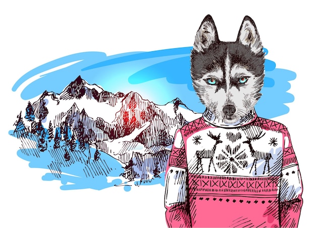 Vector husky en suéter de punto en las montañas ilustración vectorial para póster de tarjeta de felicitación o impresión en ropa hipster de dibujo de estilo de moda