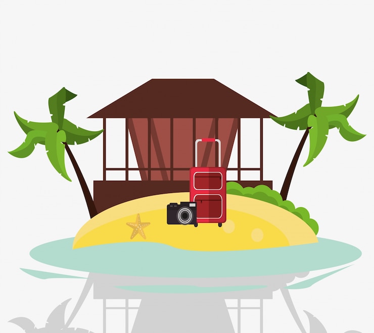 Vector hut suitcase camera relax vacaciones isla