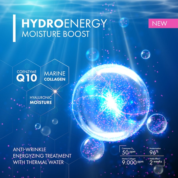 Vector hydro energy coenzyme q10 humedad molecula burbuja gota