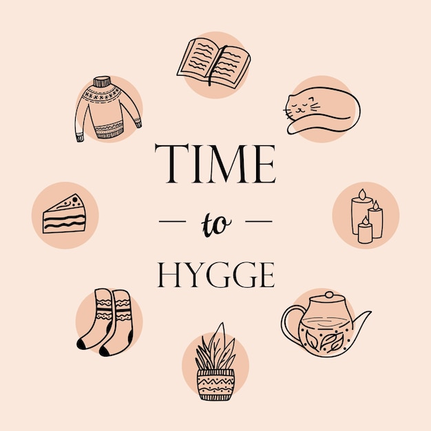 Hygge Conjunto de acogedores iconos dibujados a mano Tiempo para el vector hygge