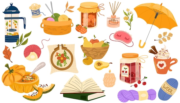 Hygge set dibujado a mano vectorial escandinavo garabateo elementos sketchy estilo de vida cómodo y acogedor