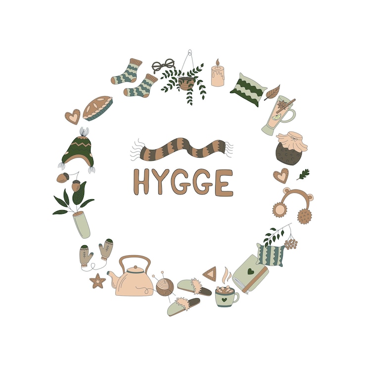 Vector hygge un sillón una chimenea ropa de abrigo bebidas calientes un pastel hojas de otoño y otras cosas en forma de círculo ilustración de vector plano en estilo garabato