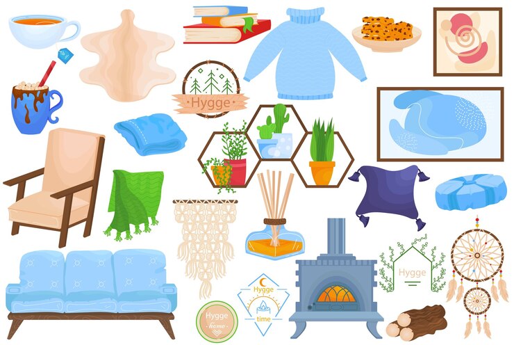 Vector hygge time acogedor aislado en la colección blanca ilustración vectorial conjunto de elementos de estilo hogareño escandinavo