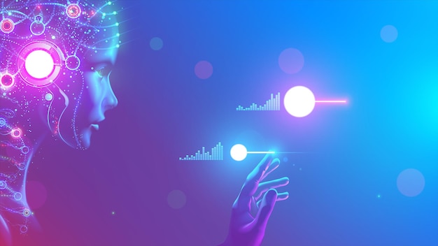 IA en imagen mujer cibernética antropomórfica trabajando con datos de matriz en interfaz virtual cabeza o cara de inteligencia artificial con mente mirando información y enseñando redes neuronales