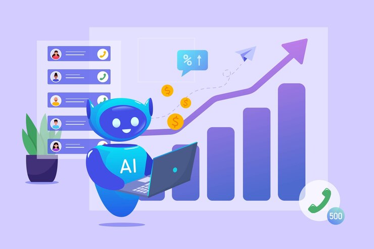 Vector una ia robótica de dibujos animados con una computadora portátil analiza el aumento de las ventas de la empresa en las ganancias de ventas