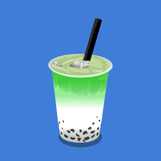 Ice matcha milk tea con boba clear lid dome y black straw aislado fondo azul