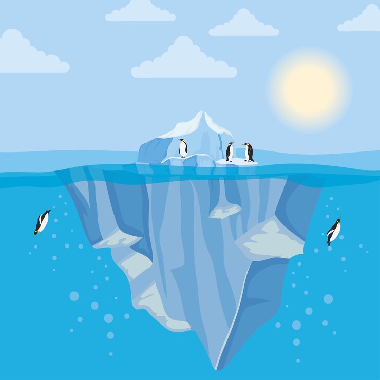 Vector iceberg bloque escena nocturna ártica con pingüinos nadando