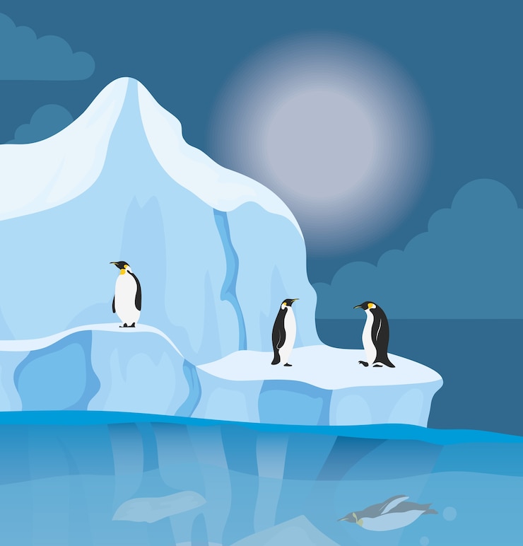 Vector iceberg bloque escena nocturna ártica con pingüinos