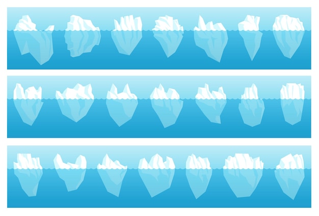 Iceberg completo antártico flotante con parte submarina oculta. Paquete de gran glaciar congelado a la deriva polar ártico con forma diferente de punta afilada, ilustración de vector de tamaño aislado sobre fondo blanco