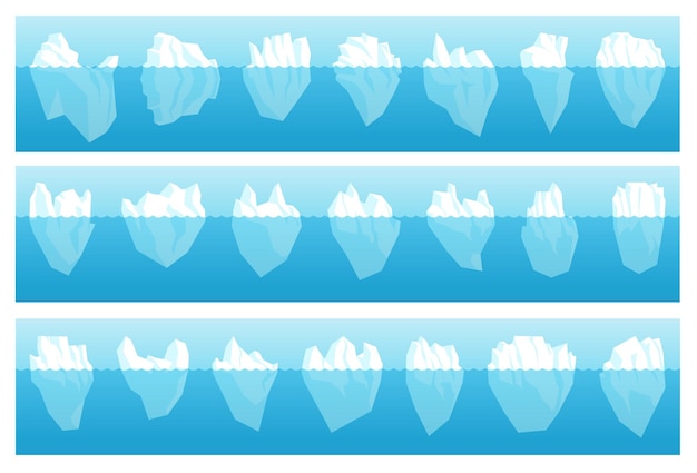 Iceberg completo antártico flotante con parte submarina oculta. paquete de gran glaciar congelado a la deriva polar ártico con forma diferente de punta afilada, ilustración de vector de tamaño aislado sobre fondo blanco