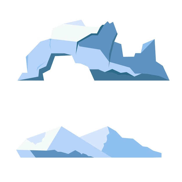 Iceberg Glaciares flotantes cubos y bloques de hielo Elementos del paisaje ártico y antártico Rocas cristalinas heladas en agua fría Objetos decorativos de invierno Ilustración aislada de estilo plano de dibujos animados vectorial
