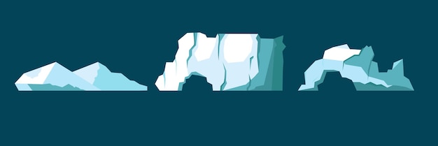 Iceberg Glaciares flotantes cubos y bloques de hielo Elementos del paisaje ártico y antártico Rocas cristalinas heladas en agua fría Objetos decorativos de invierno Ilustración plana aislada de dibujos animados vectoriales