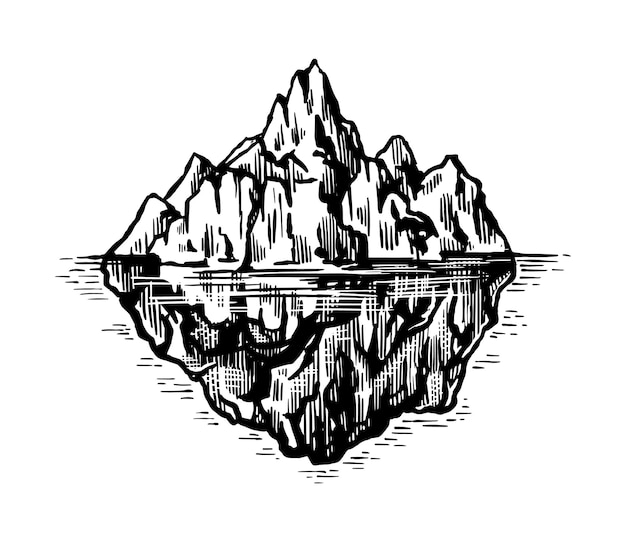 Iceberg en el océano Un gran trozo de un glaciar de montaña flotando en el agua del norte Dibujo vintage grabado a mano para emblema web logo banner o camiseta Ilustración aislada