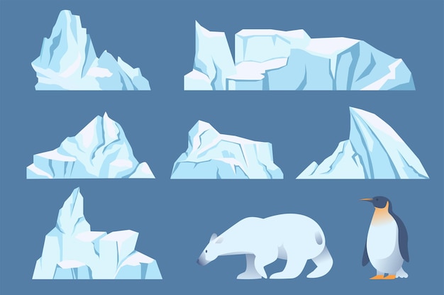 Icebergs y animales elementos aislados en diseño plano. paquete de glaciar flotante