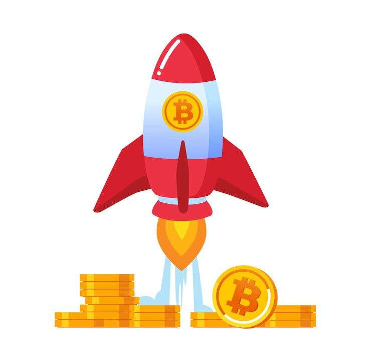 Vector ico bitcoin representa con banner de ilustración de vector plano de cohete y página de destino