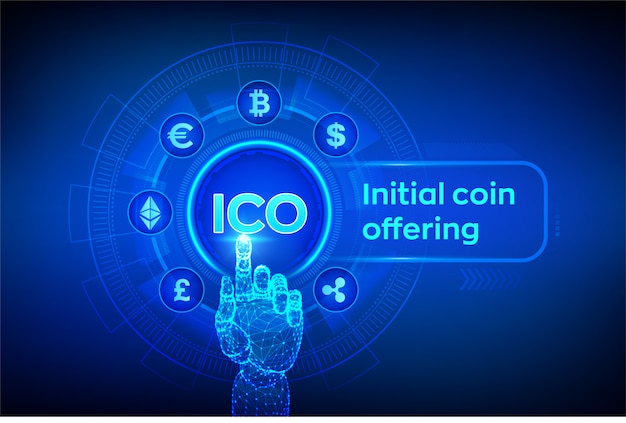 Ico oferta inicial de monedas. criptomoneda y comercio electrónico global. fintech, comercio financiero en pantalla virtual. mano robótica conmovedora interfaz digital. ilustración.