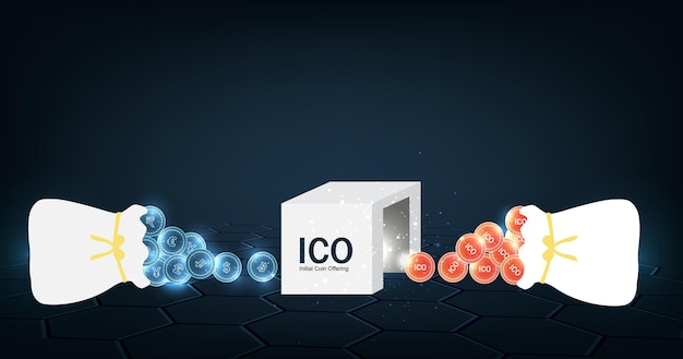 ICO Token proceso de producción ilustración vectorial y cambio de moneda