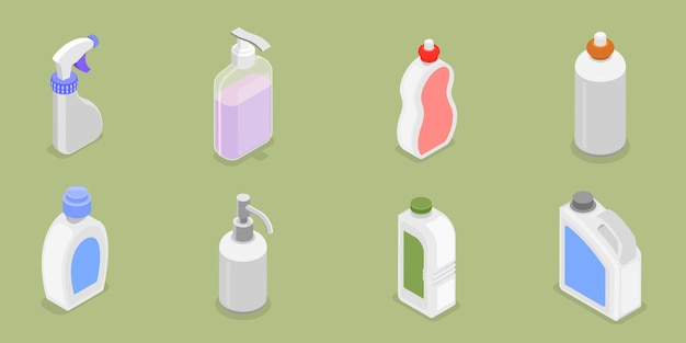 Icon 3D de vector plano isométrico de botellas de plástico de productos de detergente
