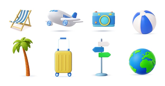 Icon 3D de viajes y vacaciones en fondo blanco