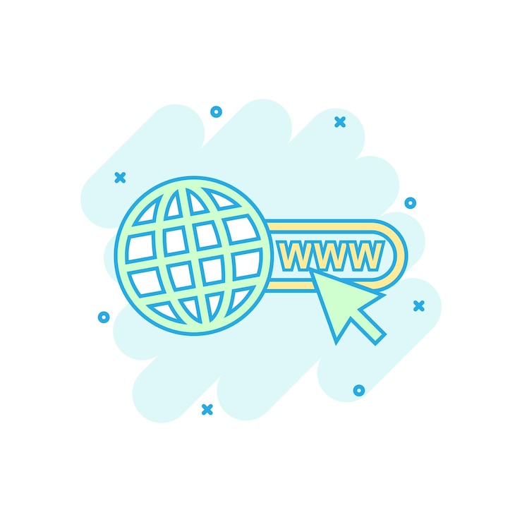 Vector icon de color de dibujos animados para ir a la web en estilo cómico globo mundo ilustración pictograma www url signo salpicaduras concepto de negocio
