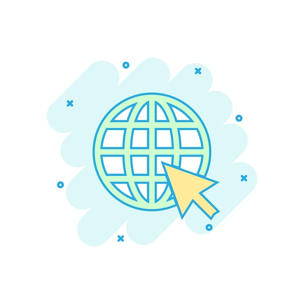 Icon de color de dibujos animados para ir a la web en estilo cómico Globo mundo ilustración pictograma WWW URL signo salpicaduras concepto de negocio