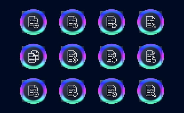 Icon de línea de archivo Configuración de información Seguridad de datos Contraseña agregar descarga cargar Estilo de Glassmorphism Icon de línea vectorial para negocios y publicidad