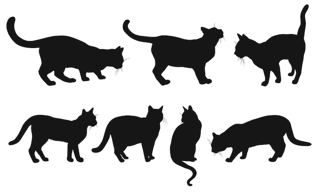 Icon o conjunto de símbolos de siluetas de gatos Colección de siluetes de gatos en diferentes posturas sentados caminando