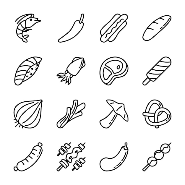 Icon pack line estilo de deliciosa comida sabrosa y condimentos para restaurantes