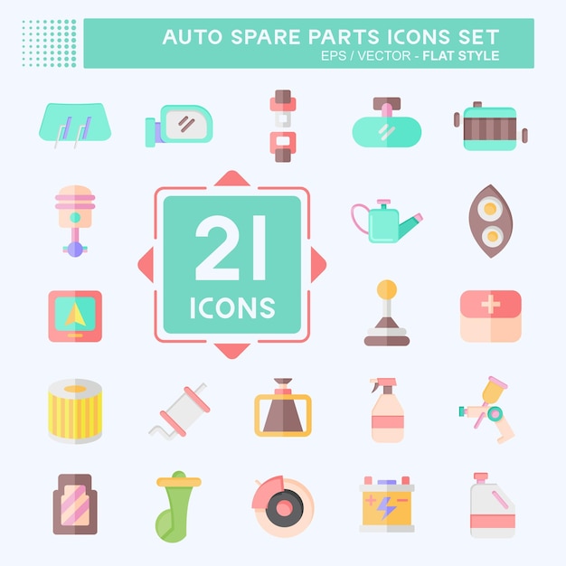 Icon Set Auto Spare Parts relacionado con el símbolo de las piezas de repuesto de estilo plano de diseño simple