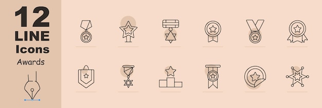 Vector icon set awards medal podium competition first place badge star badge order reward for work competition laurel honor pin honor awards concept