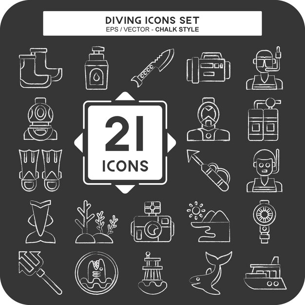 Icon Set Buceo relacionado con el símbolo del mar tiza Ilustración de diseño sencillo de estilo