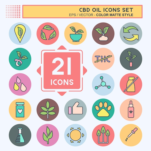 Icon Set CBD Oil relacionado con el diseño de estilo de color mate del símbolo de educación editable