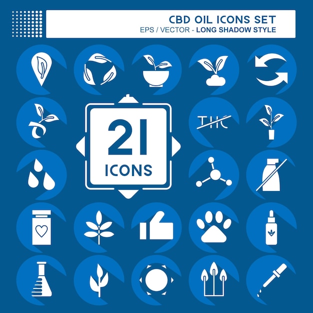 Icon Set CBD Oil relacionado con el diseño de estilo de sombra larga del símbolo de educación editable