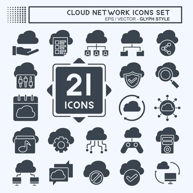 Icon Set Cloud Network relacionado con el estilo de glifo del símbolo de la red ilustración simple