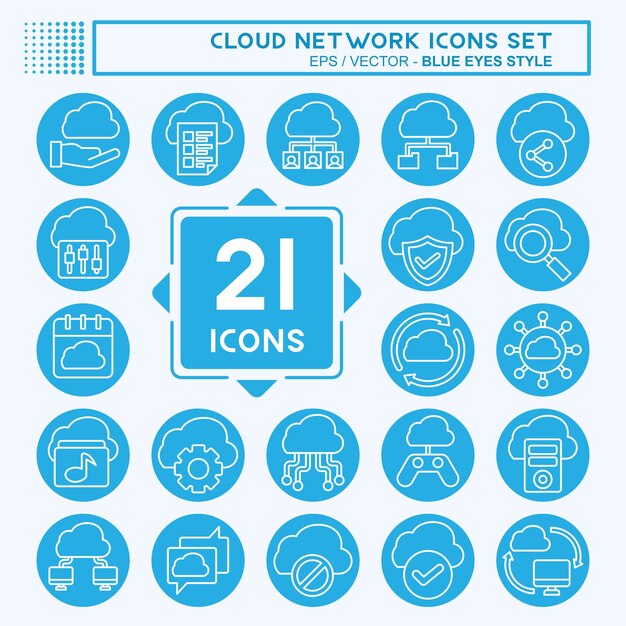 Icon Set Cloud Red relacionada con el símbolo de la red estilo ojos azules ilustración simple