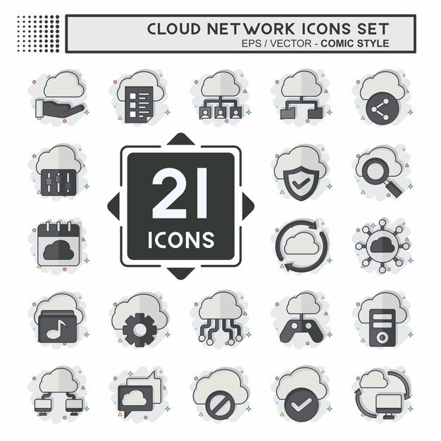 Icon Set Cloud Red relacionada con el símbolo de red tiza Ilustración sencilla de estilo