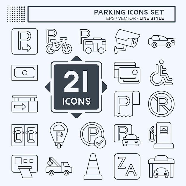 Icon Set Estacionamiento relacionado con el diseño de estilo de línea de símbolos de transporte editable