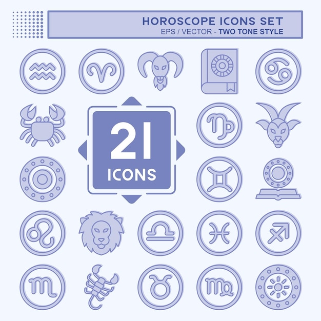 Icon Set Horóscopo relacionado con el símbolo de educación estilo de dos tonos ilustración simple