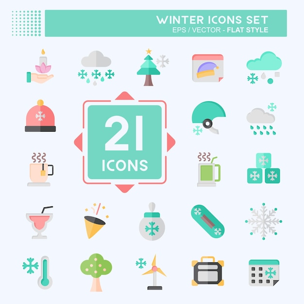 Icon Set Invierno relacionado con el símbolo de vacaciones estilo plano ilustración simple
